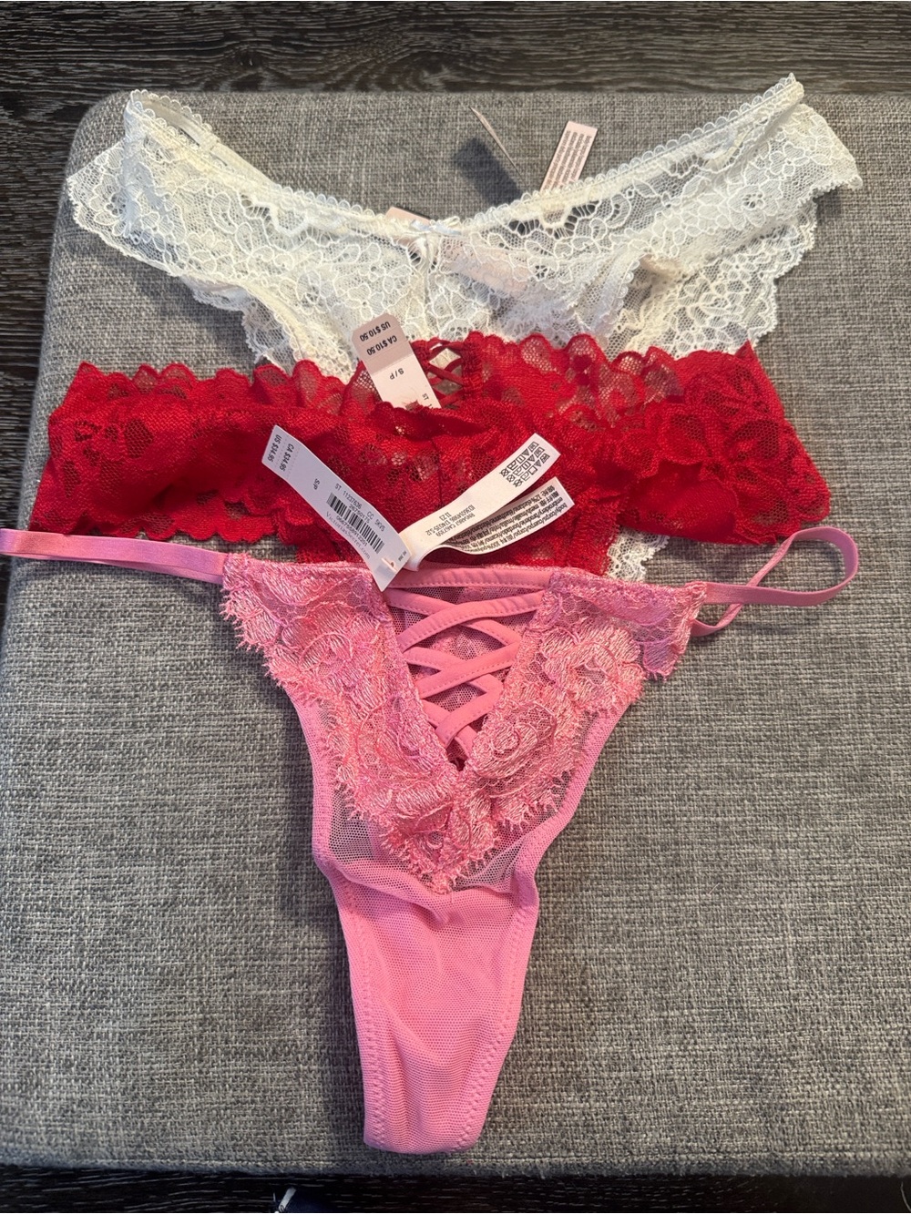 Victoria’s Secret Lace Trim Thong Panty Set - Pink, Red, White